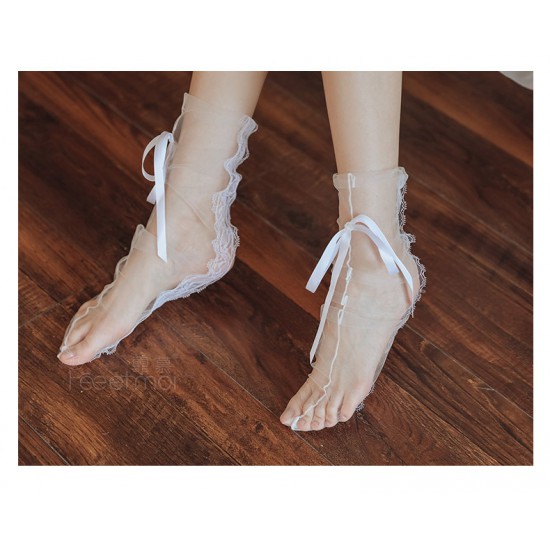 性感蕾絲網紗透視捆綁絲襪-白色